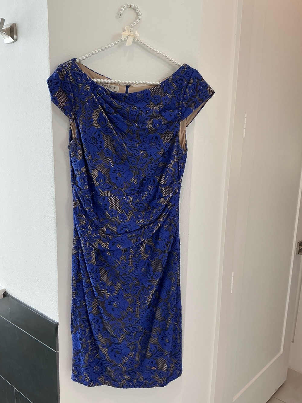 💜💙 GORGEOUS Kay Unger Size 12 Blue Floral Lace Overlay Sheath Dress 12 💜💙